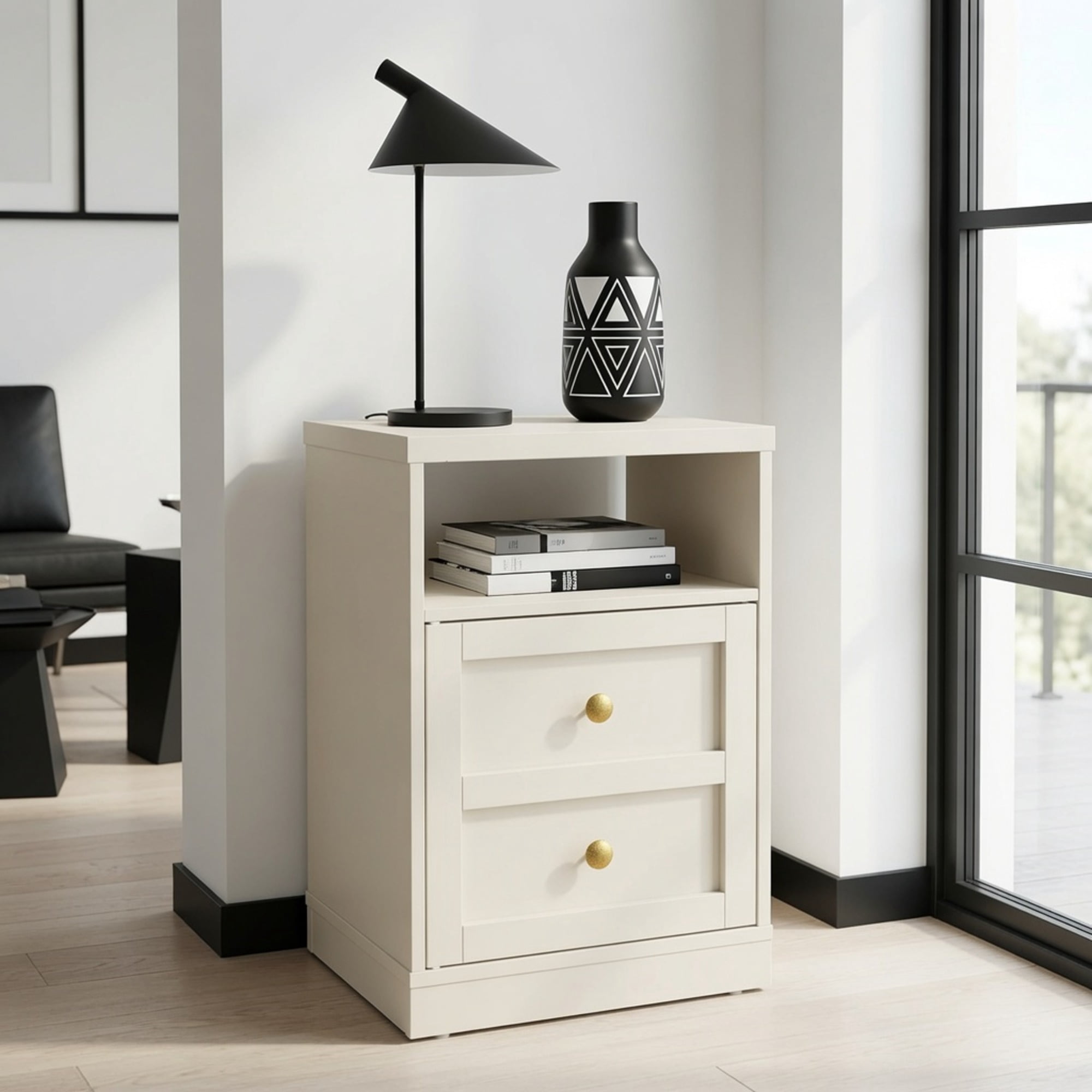 15.7in Wide Beige Engineered Wood Nightstand, Modern Faux 2-Drawer Side Table with Door & Open Storage Shelf, Small Bedside Table for Bedroom Dorm Apartment