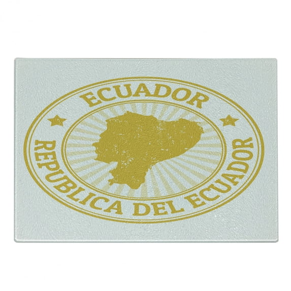 Ecuador Cutting Board, Republica Del Ecuador Lettering Political Map Retro Sunrays Stamp, Decorative Tempered Glass Cutting and Serving Board, in 3 Sizes, by Ambesonne