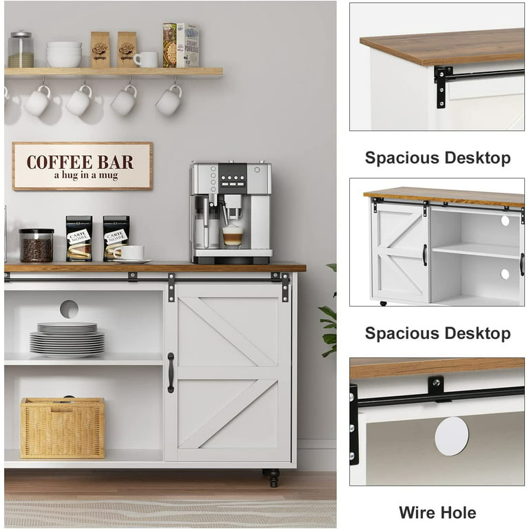 4ever2buy Farmhouse Coffee Bar Cabinet with Storage, White Coffee Bar with  9 Wine Racks Barn Door, Kitchen Buffet Cabinet with Drawer, Wine Bar