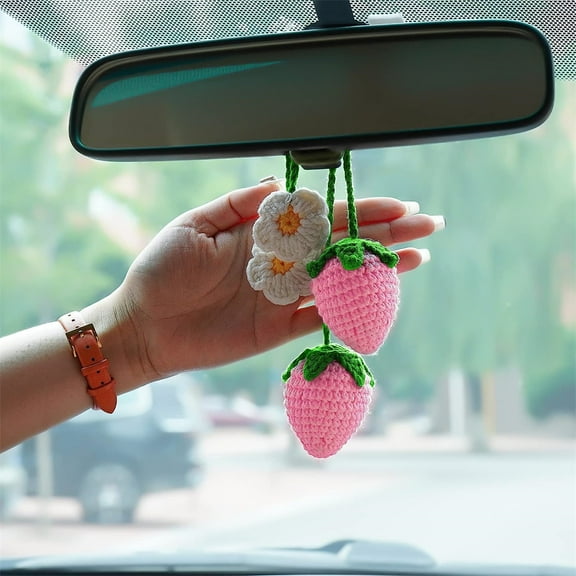 NOGIS Rear View Mirror Dangle Pendant Cute Crochet Strawberry Plant Hanger Decor Car Mirror Hanging Accessories Interior Aesthetic for Your Car Women Charms Ornament Decorations (2 Pcs Pink)