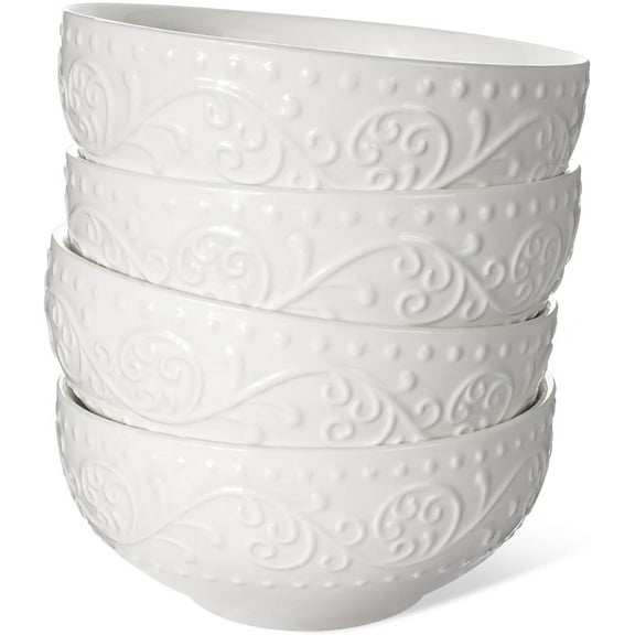 Ceramic Cereal Bowls 26 oz, Embossment Soup Bowls Set of 4, White Salad Bowl for Kitchen, Dinner, Breakfast, Oatmeal, Rice, Pasta, Dishwasher Microwave Safe, 6 inch (Lianas)