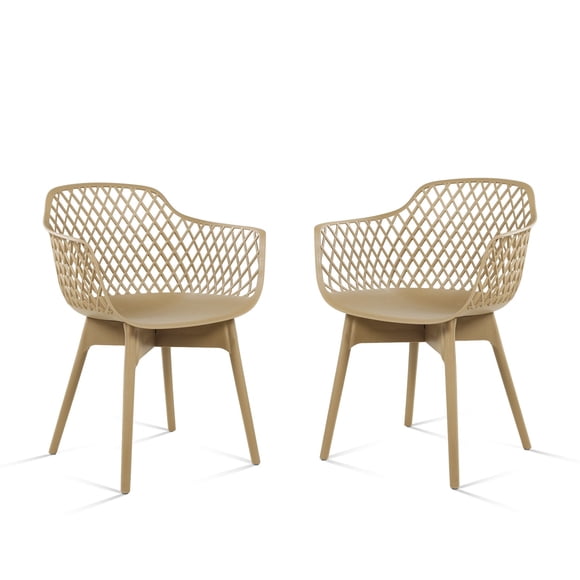 Aoodor Modern Dining Chairs Set of 2, Weather-Resistant Plastic Cafe Chairs with Ergonomic Back and Non-Slip Pad, Suitable for Patio, Restaurant, Yard, Porch, Balcony, Khaki
