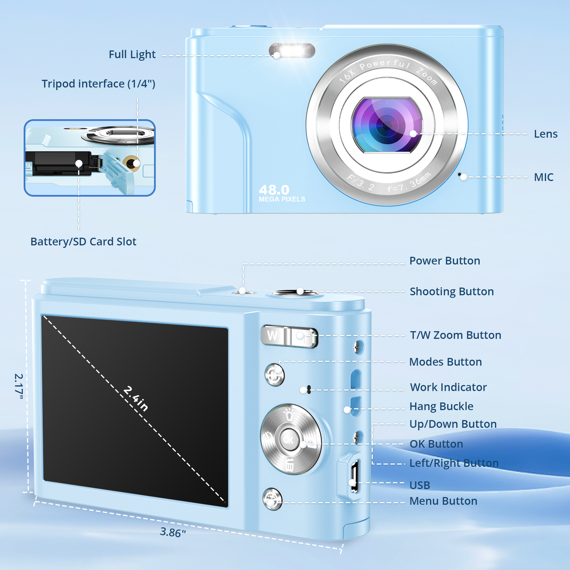 Digital Camera for Beginners with 32GB TF Card, 48MP FHD 1080P Video, Autofocus, 16X Zoom, Compact Pocket Camera for Vlogging & Webcam, Ideal for Boys and Girls (Blue)