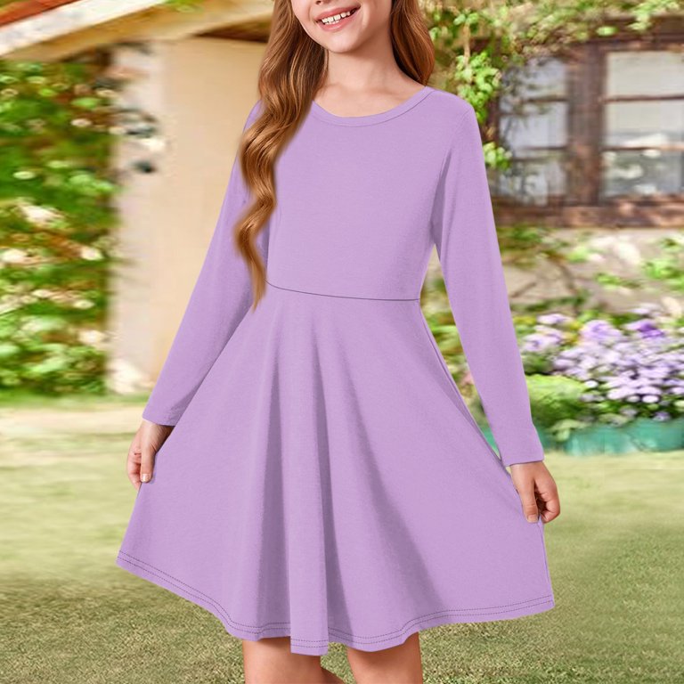 Abcomgle Girls Beach Dress Casual A-Line Long Sleeve Girls T-Shirt Dresses  Solid Crew Neck Girls Skater Dress Swing Dresses for 4-14t Kids 11-12 Years,Light  Purple - Walmart.com