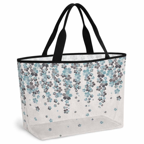 Spring Cherry Flowers Beach Bag for Women, Large Breathable Mesh Beach Tote Bag, Blue-green Gray Floral Blossom Beige Sandproof Lightweight Travel Bags for Vacation Picnic Swimming Pool