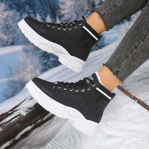 Wowcloth Women's Fashion Casual Winter Lined Ankle Boots - Warm Fleece-Lined Round Toe Front Lace-Up Platform Booties with Solid Color Design for Cold-Weather Outfits