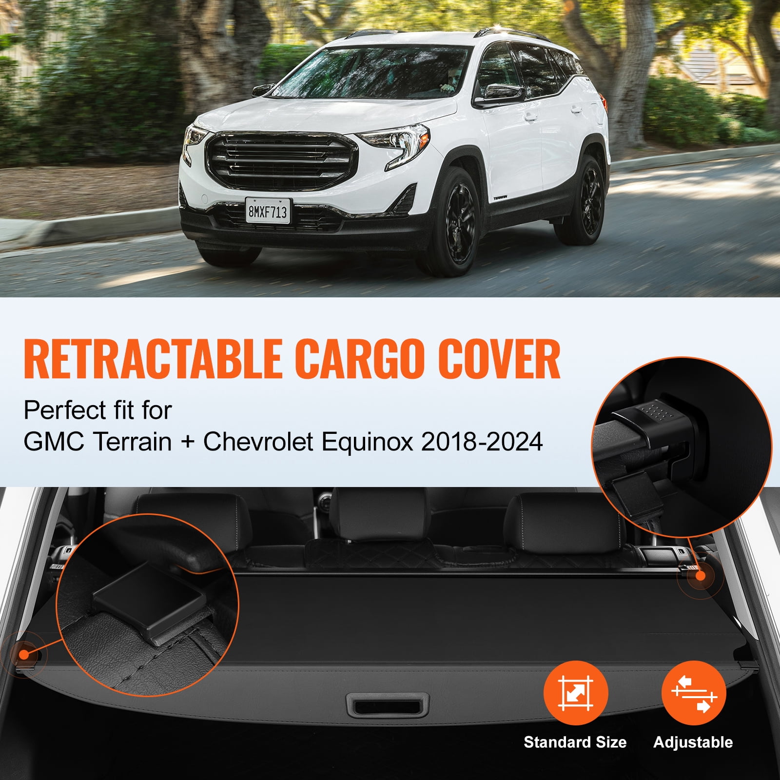 KFFKFF Pull-Out Trunk Shade for GMC Terrain & Chevrolet Equinox 2018-2024, Water-Resistant Luggage Security Screen, UV Protective Rear Cargo Cover Made of Aluminum Alloy & PVC