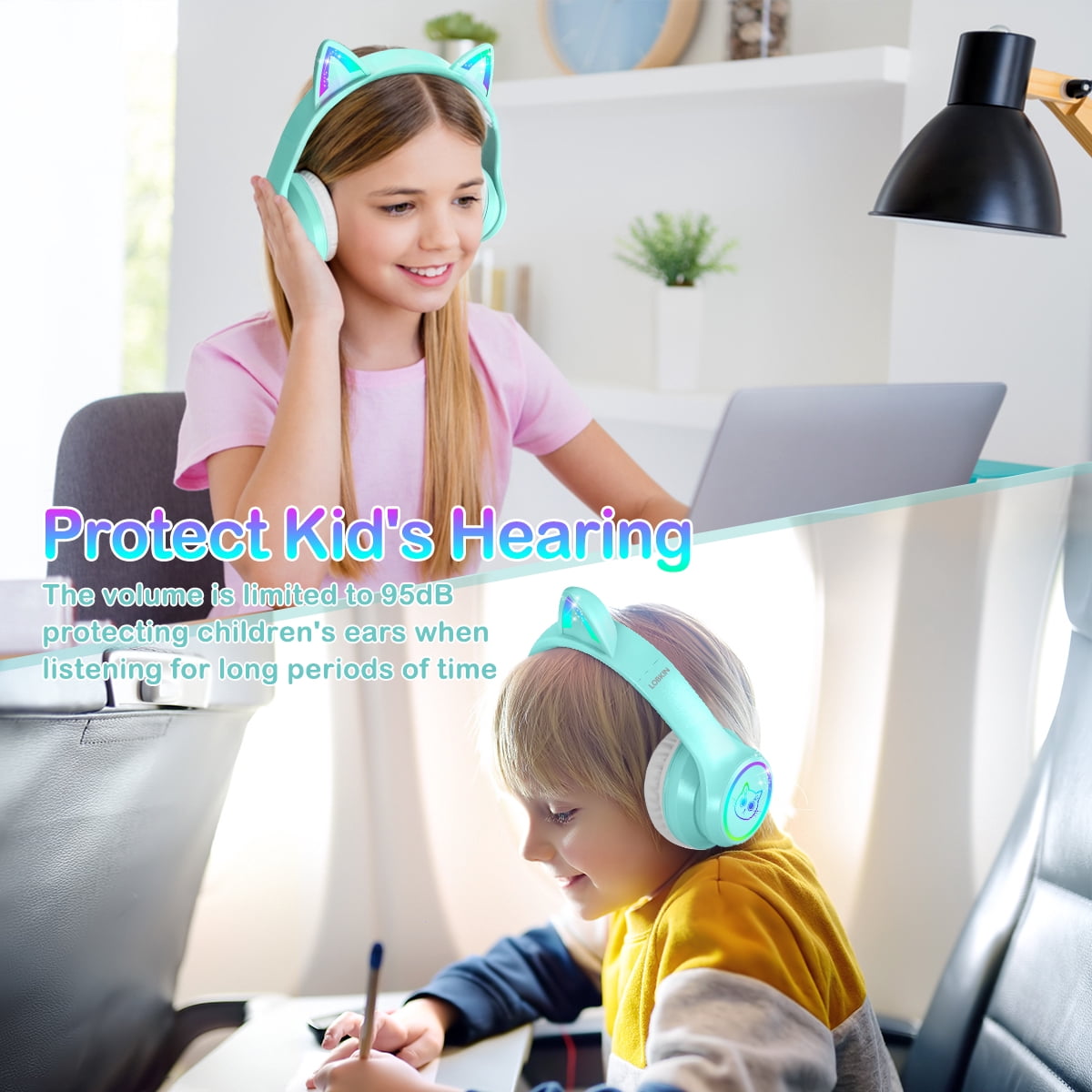 LOBKIN Kids Bluetooth Headphones Safe Listening for Girls, Boys, Children with 94dB Volume-Limiting, Wireless Headphones for School, Tablet, Green