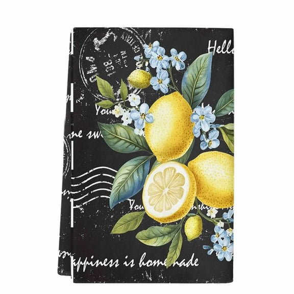 Dish Towels, Rustic Vintage Absorbent Kitchen Towels 1 PC, Lemon Flowers Checkered Summer Microfiber Hand Towels Dish Cloths Tea Towels for Home  Bathroom,18X28-Inch, Yellow Black