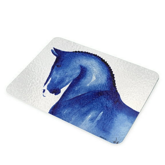 KuzmarK Glass Cheese Cutting Board 11"x7.75" - Warmblood Sports Horse in Blue Abstract Horse Art by Denise Every