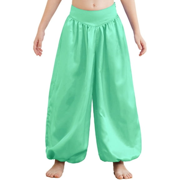 Yeahdor Girls Boys Arab Satin Wide-Leg Bloomers Harem Trousers Kids Belly Dance Pants Party Wear Light Green 16