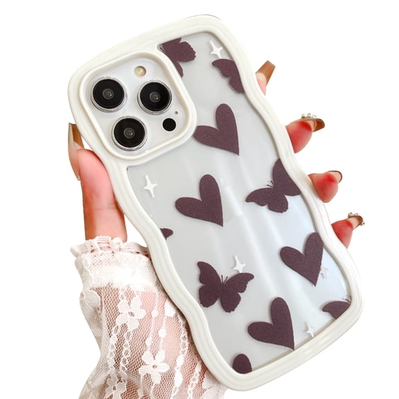 OOK for iPhone 14 Pro Max Case, Cute Clear Love Butterfly Pattern Curly White Wave Frame Shape Wavy Soft TPU Shockproof Protective Phone Cover for Women Girl, White