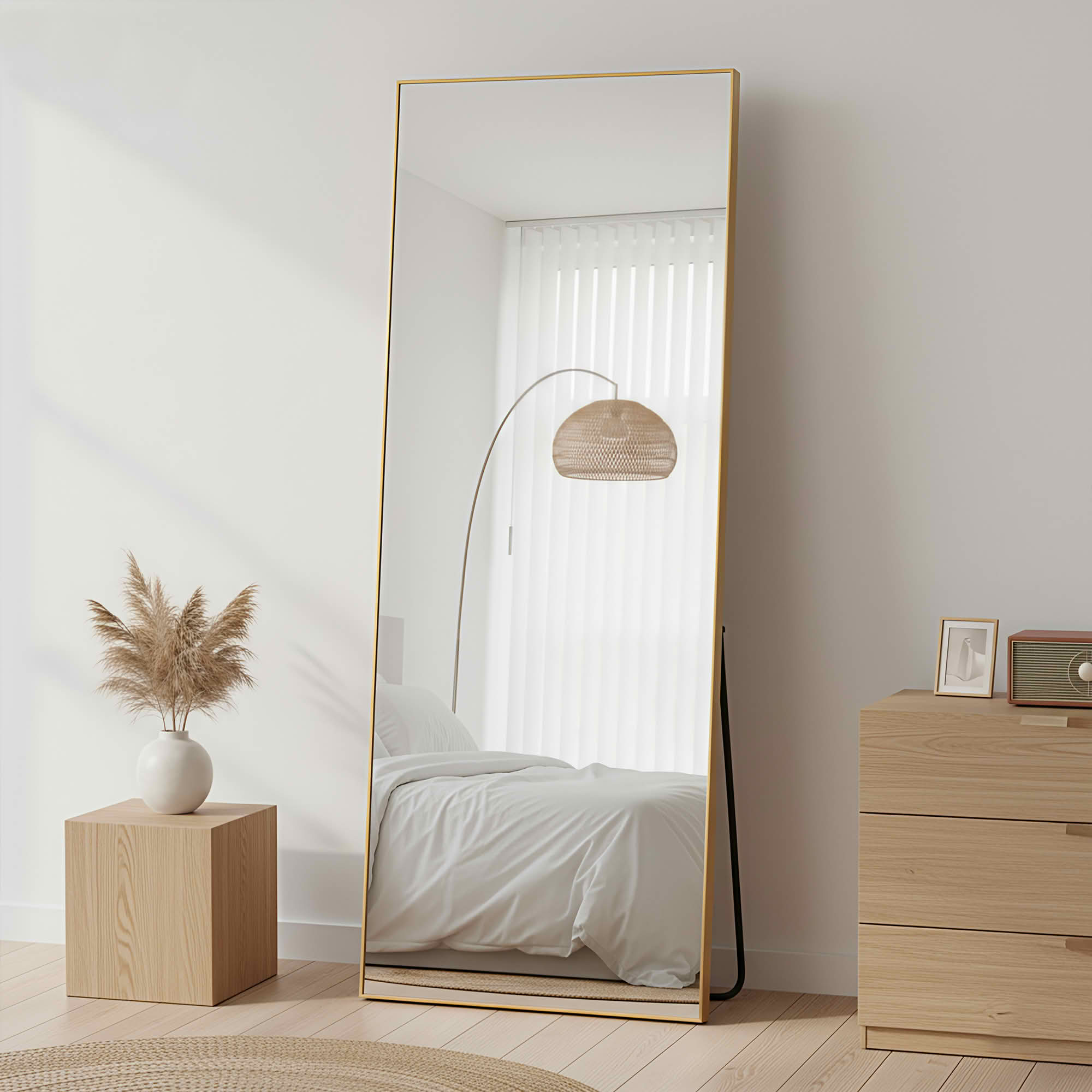 MAYEERTY 64"x21" Aluminum Right Angle Full-Length Mirror, Tempered Glass With Stand, Gold