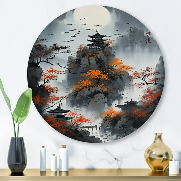 DESIGN ART Designart "Moonset And Japonese Maple Tree I" Japon Landscape Metal Round Wall Art 29x29 - Disc of 29 Inch