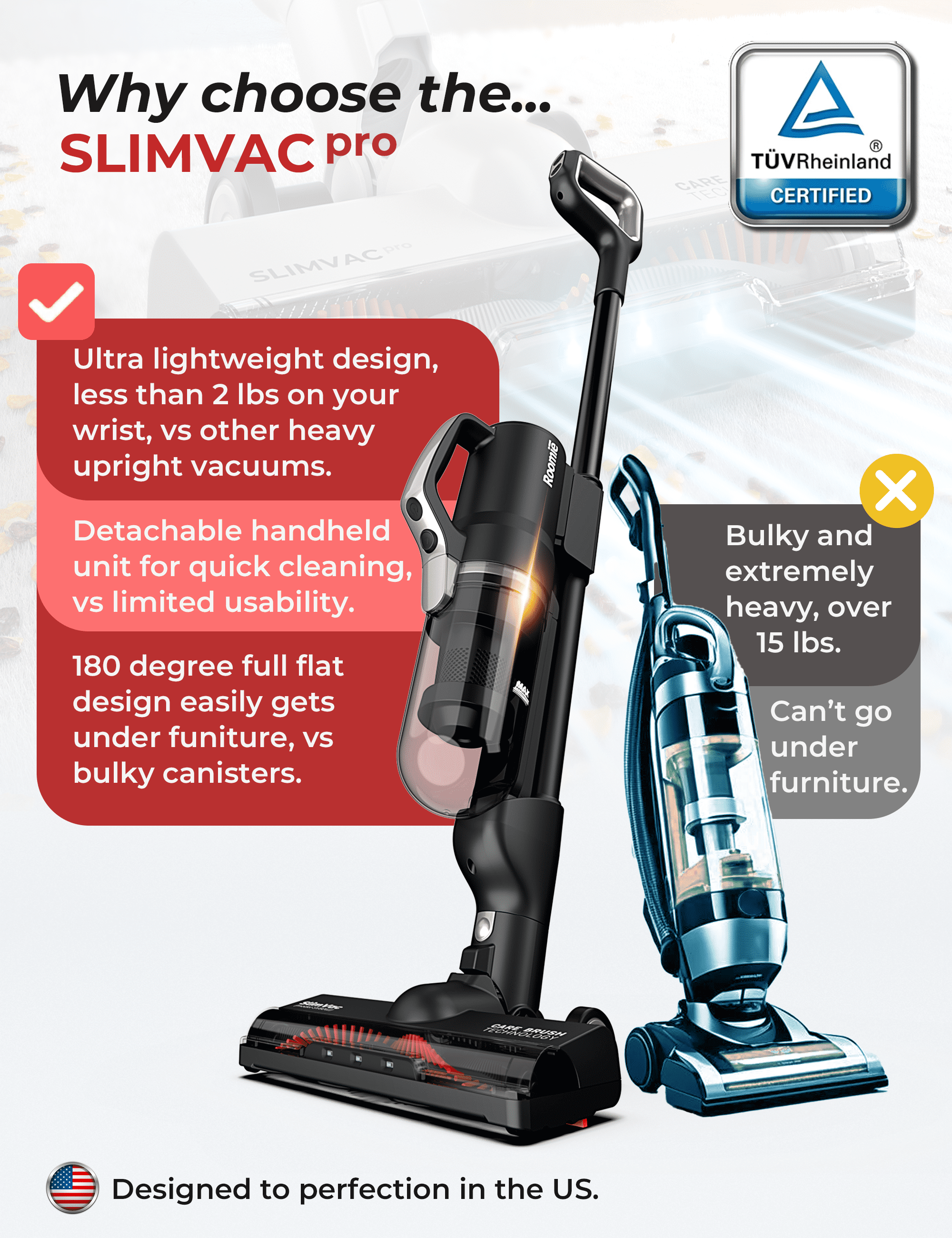 Roomie TEC SlimVac Cordless Upright Vacuum Cleaner, Handheld with Powerful Suction, Ultra Lightweight, Multi-Surface Cleaning for Carpets, Hard Floors, Cars & More, Detachable Long-Lasting Battery