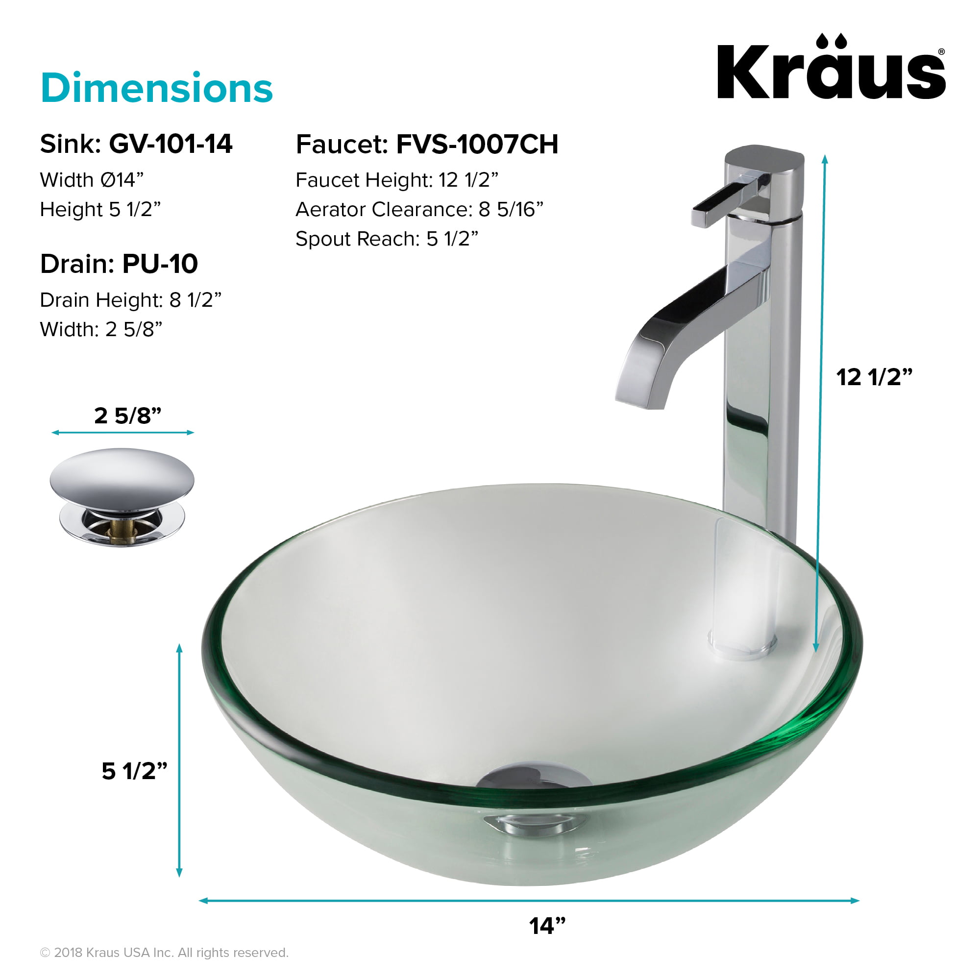 Kraus 14 Inch Clear Glass Bathroom Vessel Sink And Ramus Faucet Combo Set With Pop Up Drain