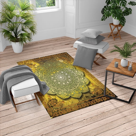 Ethnic Turkish Area Rug, Mystic Mandala Culture Karma Calmness and Harmony Boho Design, Soft Carpet for Living Room Decor with Distressed Look, 5.2' X 7.6', Pistachio Green, by Ambesonne