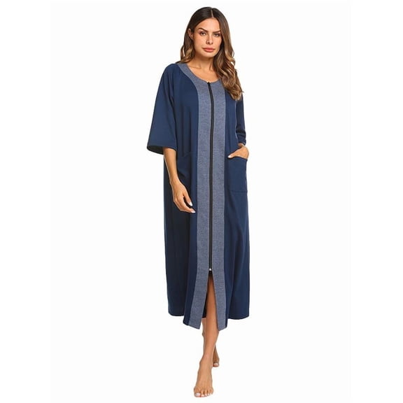 Ekouaer Women's Pajama Sets Robe for Women Zipper Front Robes 3/4 Sleeve House Dress with Pockets Full Length Nightgown Housecoat