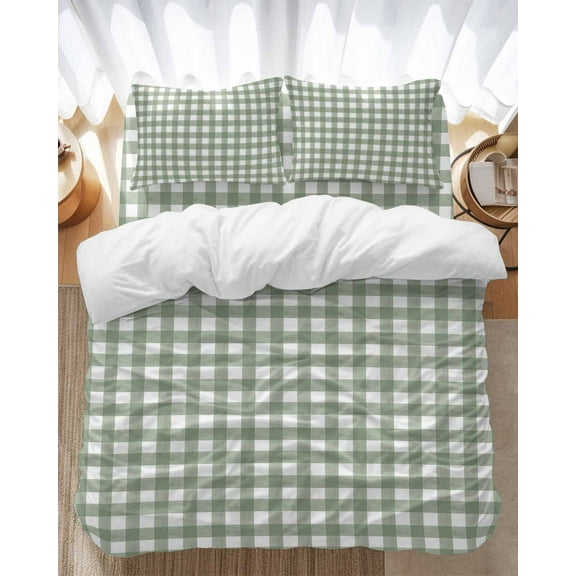 Sage Green Bedding Duvet Cover Set Twin Size 4 Pieces Buffalo Plaid Soft Twill Plush Quilt Cover, Include 1 Duvet Cover 1 Flat Sheet And 2 Pillow