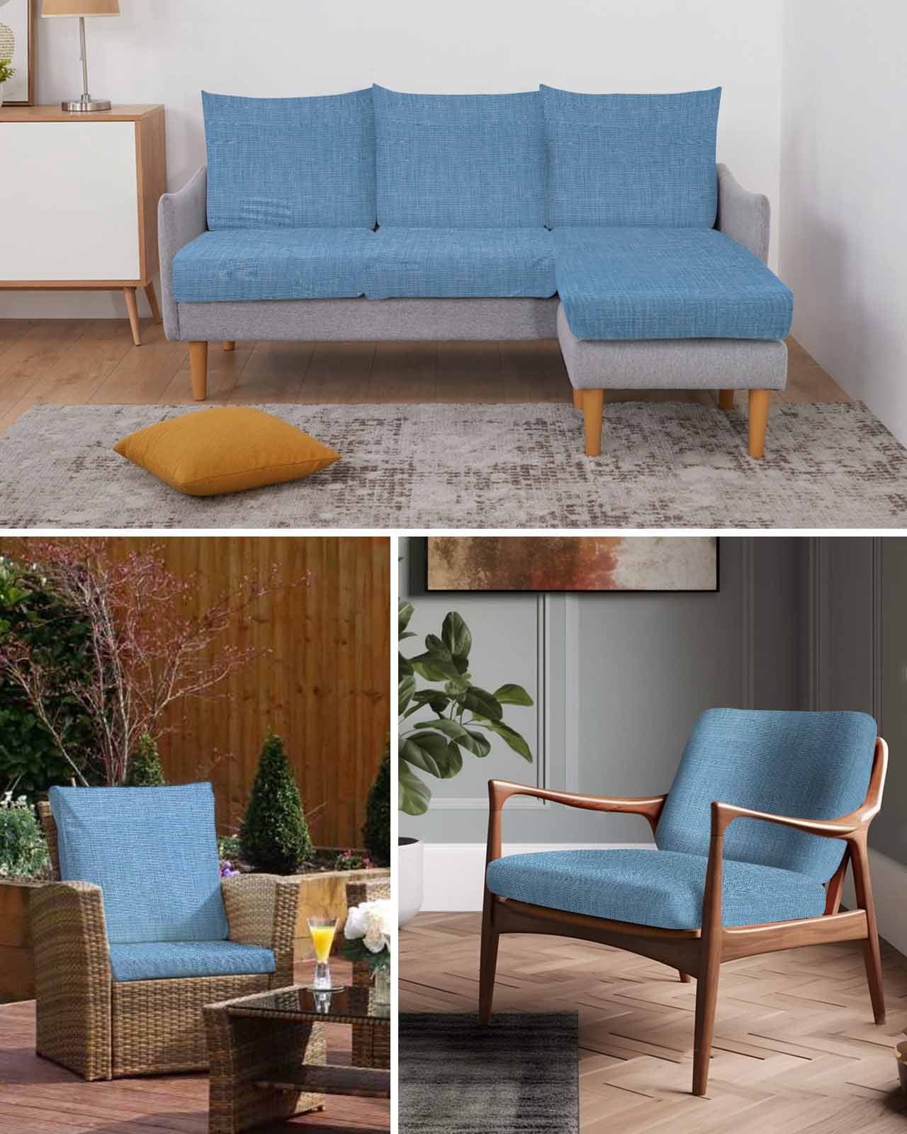 Blue Burlap Texture Couch Cushion Covers Stretch, Washable Sofa Seat Covers Individual Seat Cushion Sofa Slipcovers Farmhouse Vintage Blue Couch Cover Furniture Protector S-3PCS