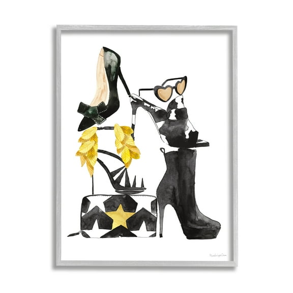 Stupell Industries Chic Fashion Accessory Arrangement Stacked Glam Shoes Glam Painting Gray Framed Art Print Wall Art, 24 x 30, Design by Mercedes Lopez Charro