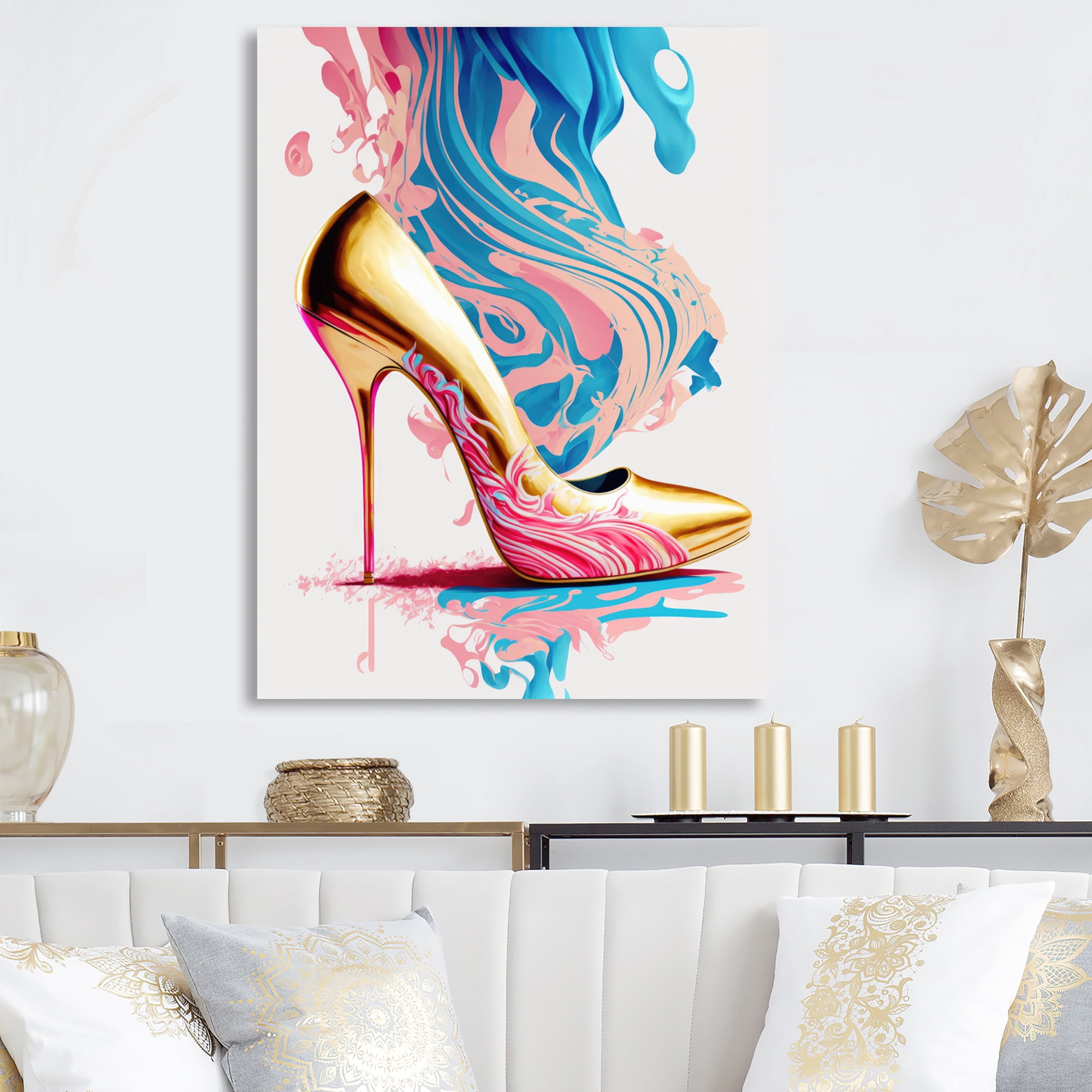 Designart Pink And Blue Art Deco High Heel Shoes III Canvas Wall Art