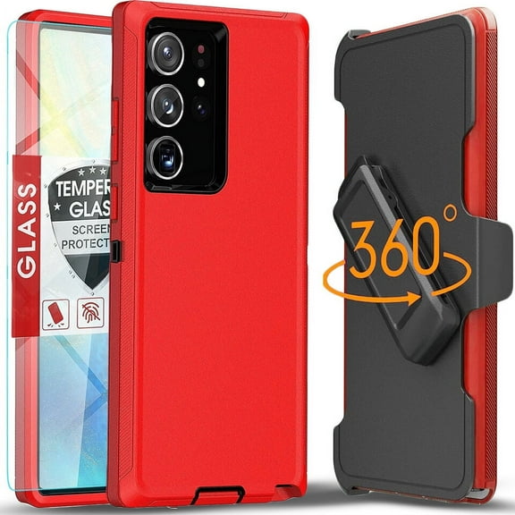 Starshop Galaxy S20 FE case, With Tempered Glass Protector, Shockproof Protection Rugged Hybrid Drop Belt Clip CoverRed