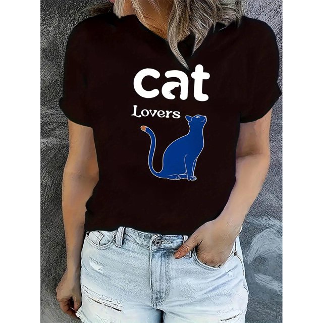 Creative Cat Print T-Shirt, Casual Short Sleeve Crew Neck Polyester Tee, Women'S Fashion Trendy Sports Tops, Medium Stretch, 180g/㎡, All Season