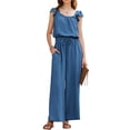 thumbnail image 2 of Jumpsuits for Women Summer Ruffle Sleeves Square Neck Rompers Drawstring Overalls with Pockets Royal Blue S, 2 of 7