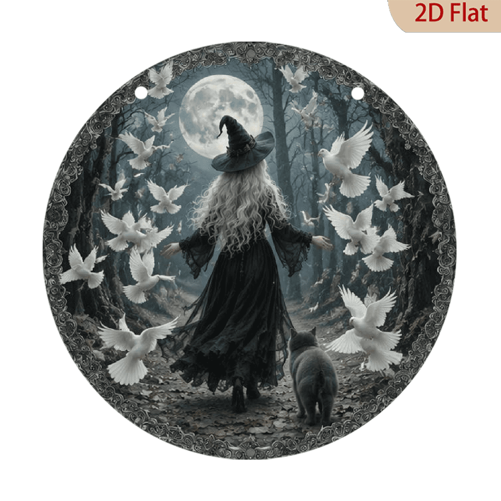 Little Witch Theme Circular Aluminum Metal Signboards and Plaques Home Decoration Suitable for Bar Cafe Home and Office Decoration Autumn Halloween Christmas Holiday Gifts