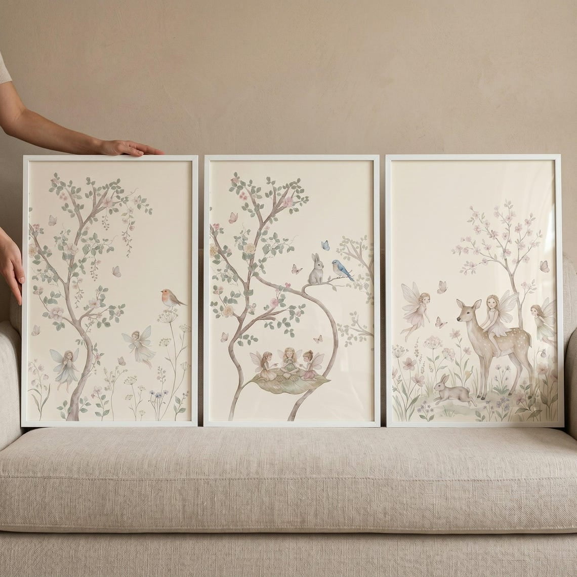 Set Of 3 Soft Blossom Fairies Nursery Wall Art Prints Enchanted Forest Woodland Whimsical Nature Nursery And Gallery Wall Decor