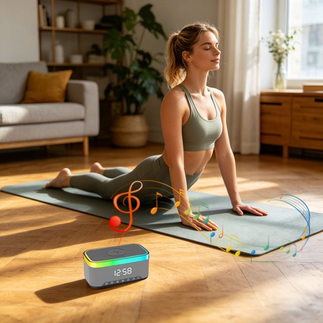 BotaniNest Lampe de Charge Sans Fil Réveil Chargeur Induction Induction avec Éclairage D' Synchronisé avec la Musique Réveil Numérique pour Chambre/Camping/décor de Salon