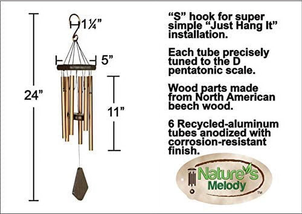 Nature’s Melody Premiere Grande Tunes Wind Chimes – Outdoor Windchime with 6 Tubes Tuned to E Pentatonic Scale, Rustproof Aluminum, Beech Wood & S Hook Hanger for Sympathy, Memorial Gift or Zen Garden