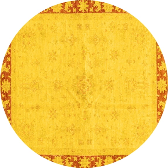 Ahgly Company Machine Washable Indoor Round Oriental Yellow Traditional Area Rugs, 7' Round