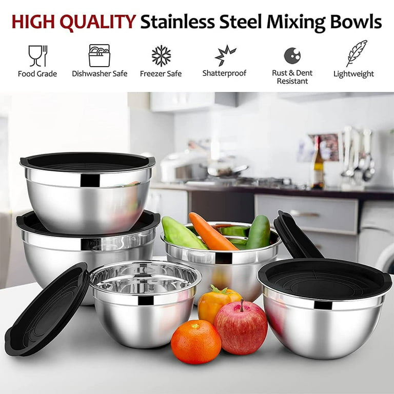 Mixing Bowls with Lids Set of 5, VeSteel Stainless Steel Mixing Bowls Metal Nesting  Bowls with Airtight Lids for Cooking, Baking, Serving 