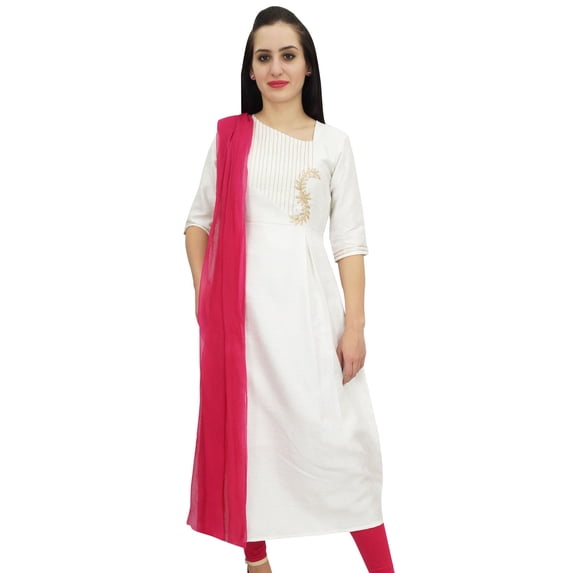 Atasi Ethnic White Zari Work Dupion A-Line Kurti Indian Women's Suit Clothing - 26