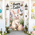 thumbnail image 1 of Decoración de puerta de entrada de Pascua de primavera, linda corona de conejito, adorno colgante para puerta, fondo rústico de madera de conejo blanco, pancarta de bienvenida, con huevos de Pascua,, 1 of 6
