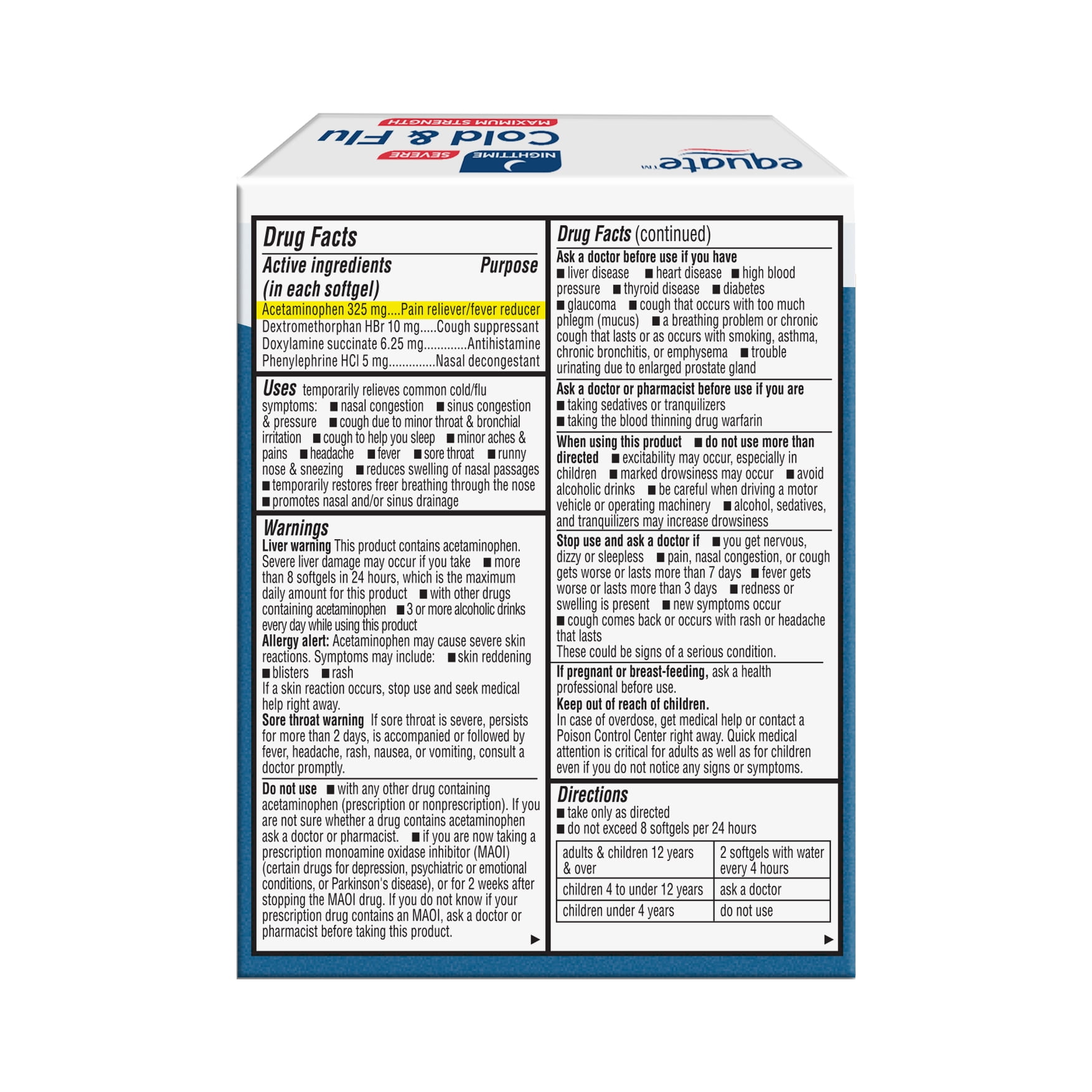 Equate Nighttime Max Strength Cold + Flu Softgels, Compare to NyQuil Severe, 24 Count