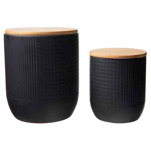 Urban Trends Collection 10923 Ceramic Round Canister with Bamboo Lid, Vertical Corrugated Pattern Design Body & Smooth Tapered Bottom, Matte Black - Set of 2