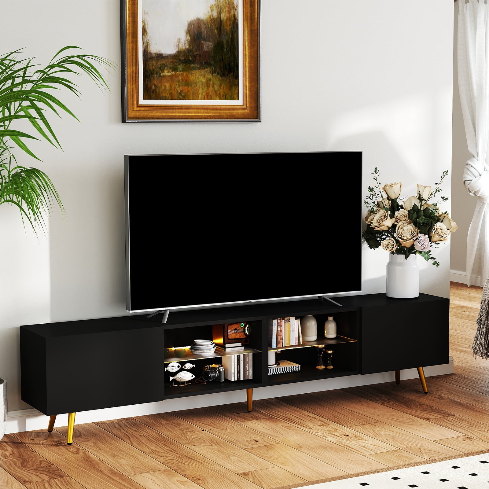 Bonzy Home 86" TV Stand, Television Console Table for 85" TV, Modern Entertainment Center with Storage Cabinets for Living Room, Black