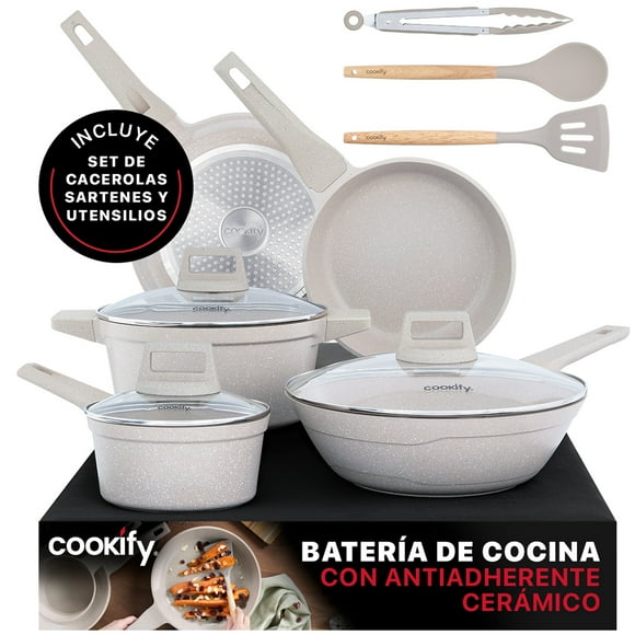 Bateria de Cocina Cookify - Juego de Sartenes, Wok, Ollas Cacerolas y Utensilios (Set 11 Pzas. Mármol Taupe)
