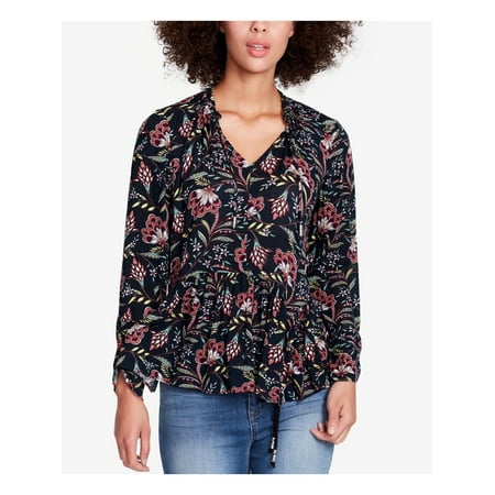 WILLIAM RAST Womens Black Printed Matilda Asymmetrical Long Sleeve V Neck Top Size: XS