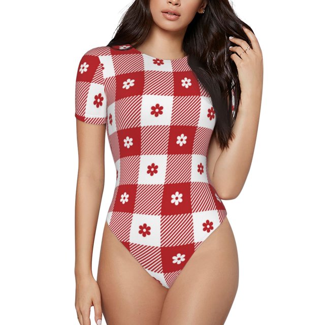 Balery Red Plaid Daisy Body de cuello redondo de manga corta para mujer Tops de manga corta Tops básicos-Large
