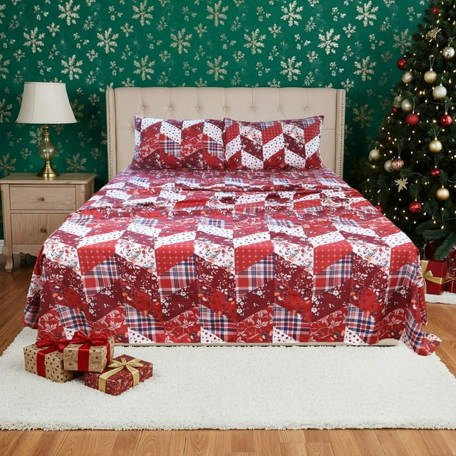 Hitime Juego de Sábanas Navideñas 3 Piezas Tamaño Individual, Bolsillos Profundos 16 Pulgadas, Microfibra de Poliéster Suave con Estampado Festivo, Ideal para Decoración y Regalo