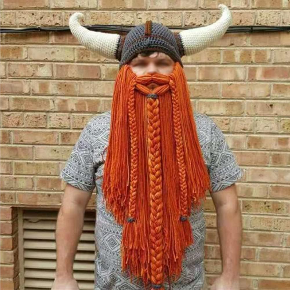 YEKEYI Big Horn Viking Hat Beanie Beard Viking Knit Hat Barbarian Funny Ski Cap Funny halloween hat christmas hat