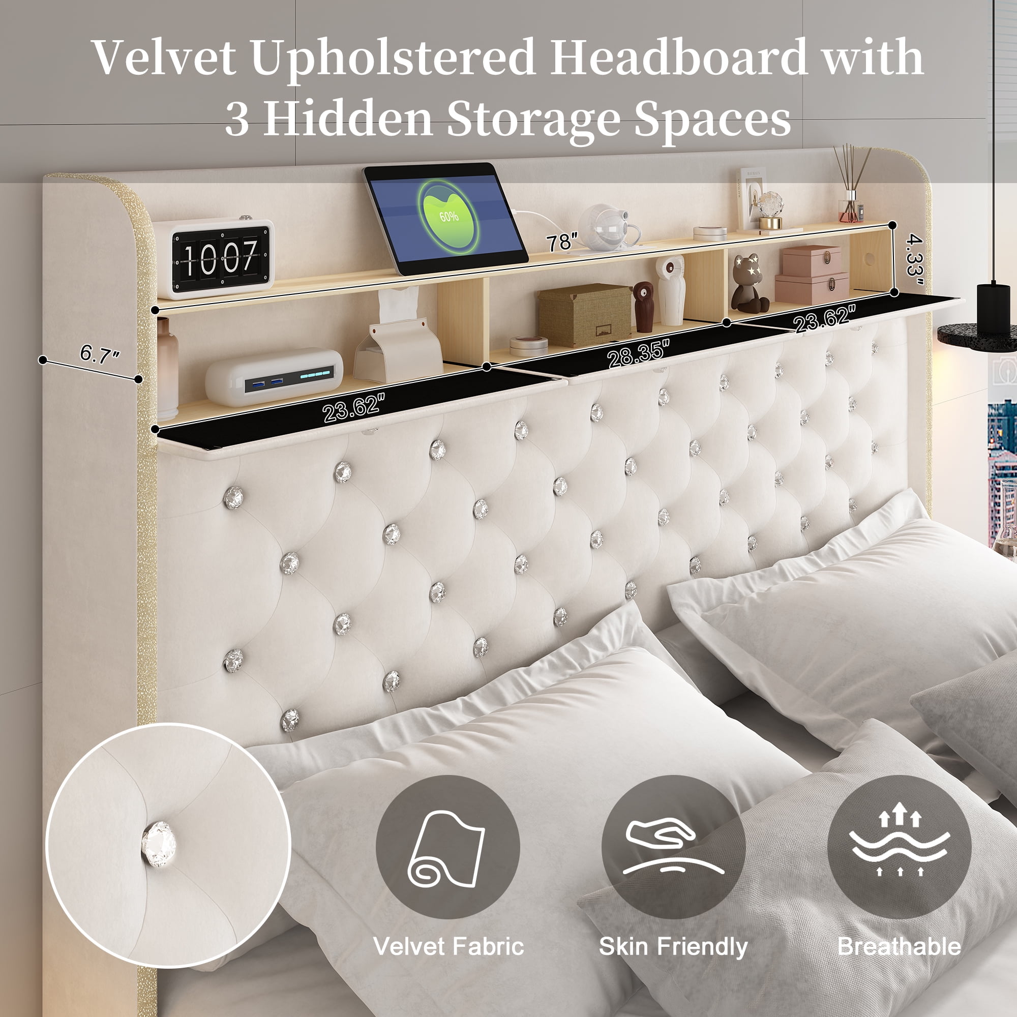 SIBEDS King LED Bed Frame with 52" Crystal Button Tufted Upholstered Headboard, Galaxy Projector & Charging Station, No Box Spring Needed, Velvet Cream