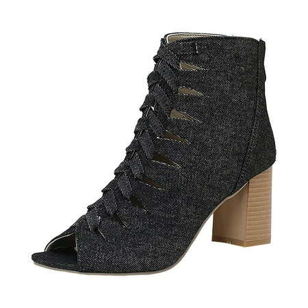 

YUHAOTIN High Heel Sandals for Women Sexy Oversized Sandals with Hollowed Out Interwoven Thick High Heels Fish Mouth Shoes and Sandals Black High Heels Closed Toe Ankle Strap