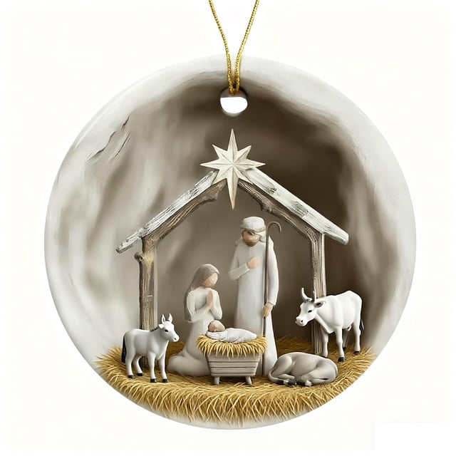 Christmas Tree Decorations Round Acrylic Nativity Hanging Ornaments 8cm Accent