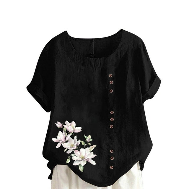Staron Jolis Hauts pour Femmes Liquidation Grande Taille Blouses Tendance en Coton et Lin Col Rond Décontracté Tunique Ample Hauts Chemises Chic Manches Courtes Retroussées T-Shirts
