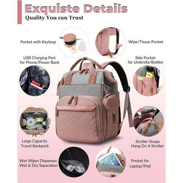 Grand Sac à Couches - Sac à Dos de Rangement Multifonctionnel Portable pour Maman et Bébé - Sac Léger à Plusieurs Compartiments pour Maman et Bébé - Rose Gris